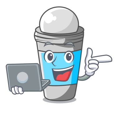 Laptop rulo ile deodorant maskot vektör çizim yukarıda