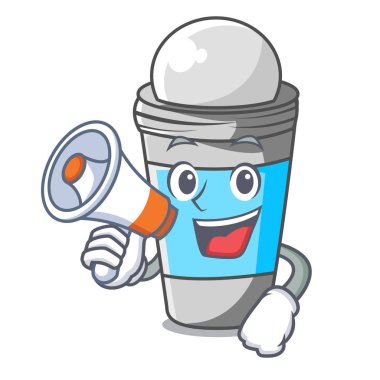 Megafon rulo ile deodorant maskot vektör çizim yukarıda