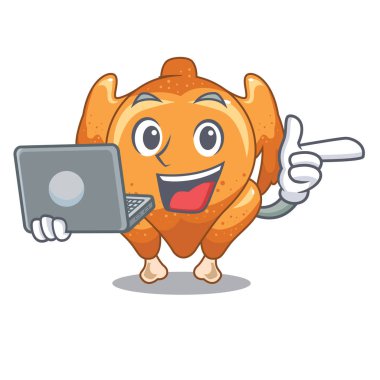 Dizüstü bilgisayar ile bir maskot plaka vektör çizim üzerinde tavuk kızartma