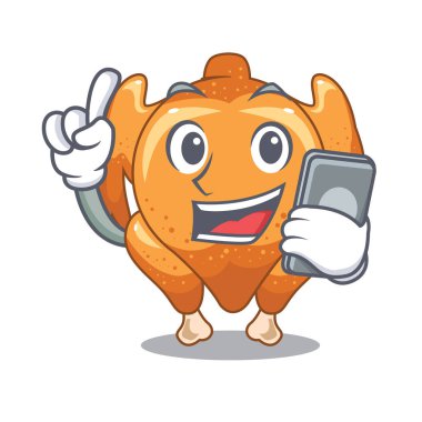 Telefon ile bir maskot plaka vektör çizim üzerinde tavuk kızartma