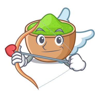 Aşk tanrısı matcha toz içinde bir karakter kase vektör çizim