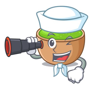 Denizci cam karikatür tablo vektör çizim üzerinde dürbün matcha tozu ile