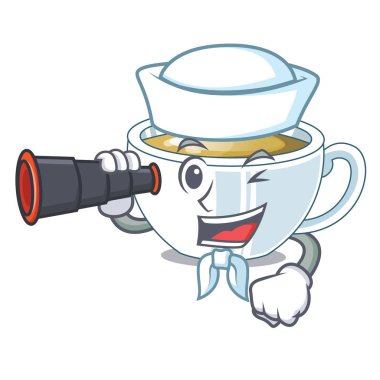 Denizci çizgi film şekil vektör çizim dürbün zencefil çayı ile