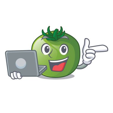 Çizgi film sebze sepeti vektör çizim içinde laptop yeşil domates ile