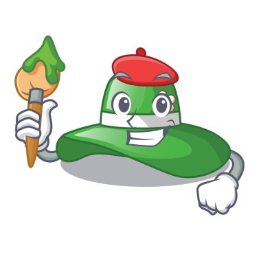 Sanatçı plaj şapka yukarıda ahşap karikatür tablo vektör çizim