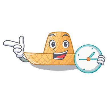 Şekil maskot vektör çizim ile saat hasır şapka
