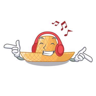 Ahşap çizgi film vektör esnaf dinleme müzik hasır şapka