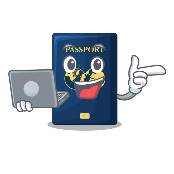 Laptop Blue Passport Cartoon Form Vcetor Illustration — Stock Vector