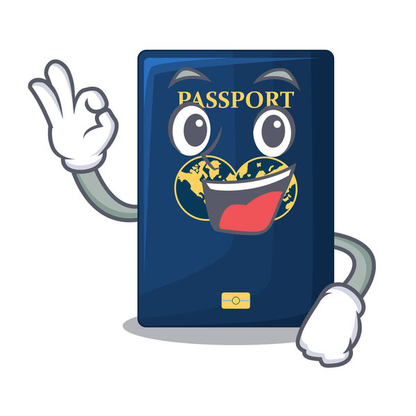 Okay blue passport above character wooden table vector illustration