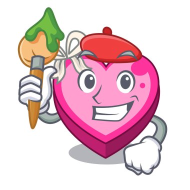 Sanatçı kutusunda kalp şeklinde maskot vektör çizim
