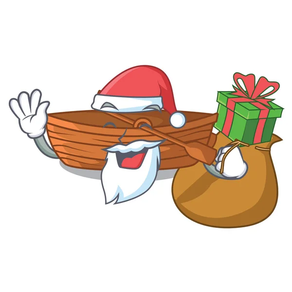 Weihnachtsmann Mit Geschenk Holzboot Neben Dem Maskottchen Strand Vektor Illustration — Stockvektor