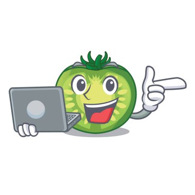 Çizgi film kase vektör çizim ile dizüstü yeşil domates dilimi