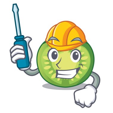 Maskot ile izole otomotiv yeşil domates dilimleri