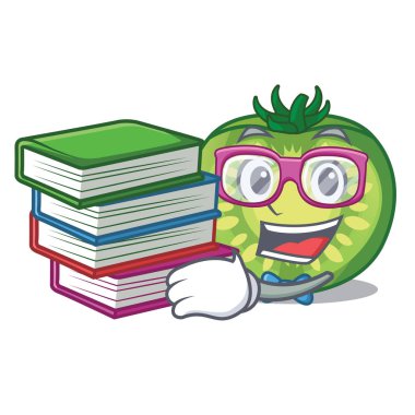 Öğrenci maskotu ile izole kitap yeşil domates dilimleri ile