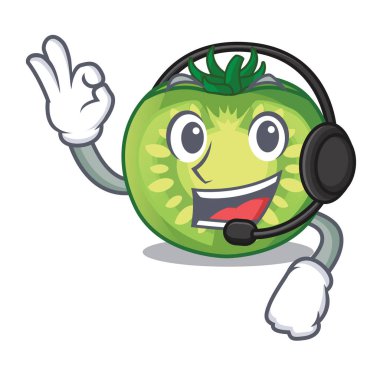 Maskot vektör çizim ile izole kulaklık yeşil domates dilimleri ile