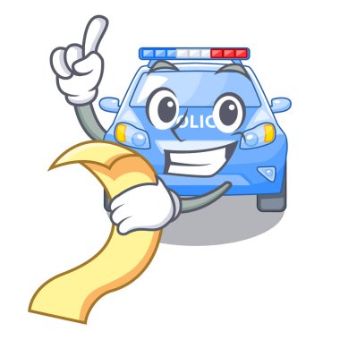 Menü minyatür karikatür polis arabası ile tablo vektör çizim üzerinde