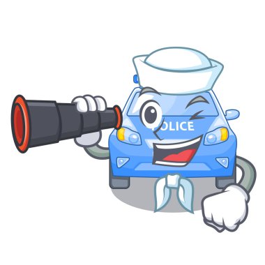 Sailor with binocular miniature cartoon police car on table vector illustration vector