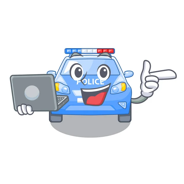 Laptop Police Car Cartoon Roadside Vector Illustration — Stock Vector