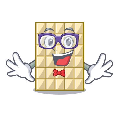 Geek beyaz bir çizgi film tabağa çikolata