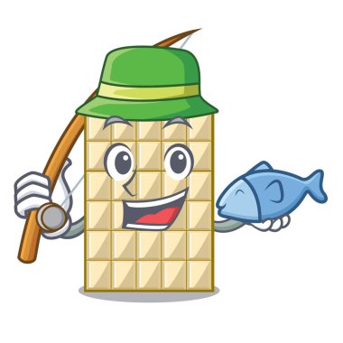 Maskot ahşap masa üzerinde beyaz çikolata Balık tutma