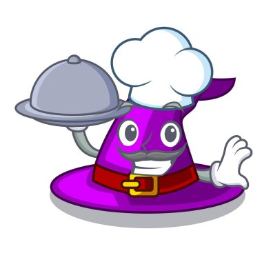 Şef maskotu ile izole gıda cadı şapka ile