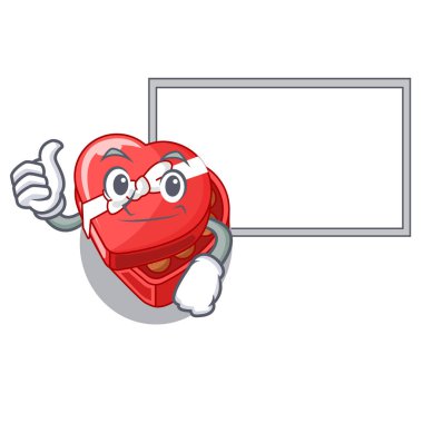 Başparmak yukarıya ile yönetim kurulu çikolata kutusu kalp karikatür tablosunun üst kısmındaki