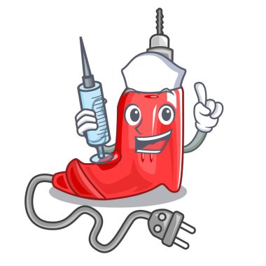 Hemşire elektrikli matkap karakter ahşap masa üstünde