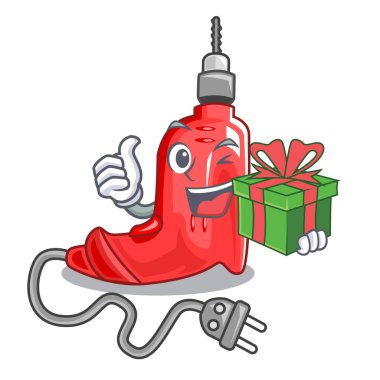 Maskot ile izole hediye elektrikli matkap ile