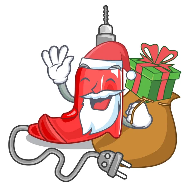 Santa com broca elétrica presente na caixa dos desenhos animados — Vetor de Stock