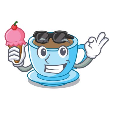 Dondurma fincan süt çay ile karikatür tablosunun üst kısmındaki