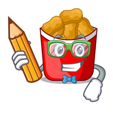 Öğrenci tavuk kanadı üzerinde çizgi film plaka üzerinde