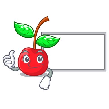 Başparmak yukarıya kurulu kiraz meyve maskot sepet içinde