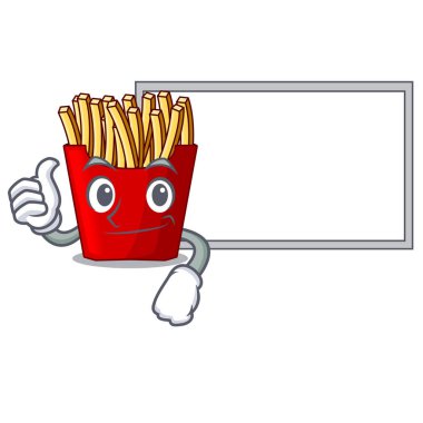 Başparmak yukarıya karikatür tablo ahşap üzerinde kurulu patates kızartması ile