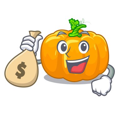 Ahşap maskot tablosunun üst kısmındaki para çanta sarı kabak ile