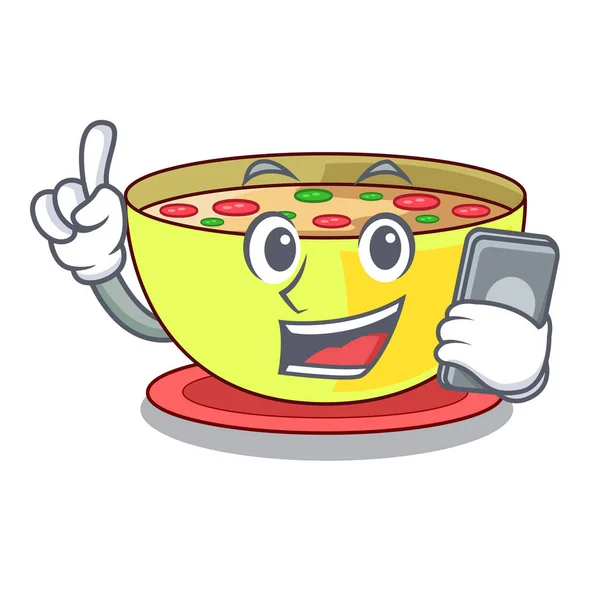 Dengan telepon sup jagung dalam mangkuk kartun - Stok Vektor