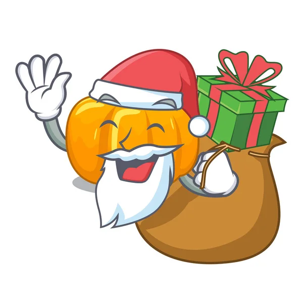Weihnachtsmann mit Geschenk gelber Kürbis isoliert in der Karikatur — Stockvektor