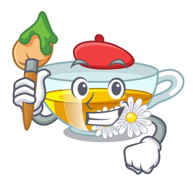 Sanatçı bardak papatya çayı karikatür tablosunun üst kısmındaki