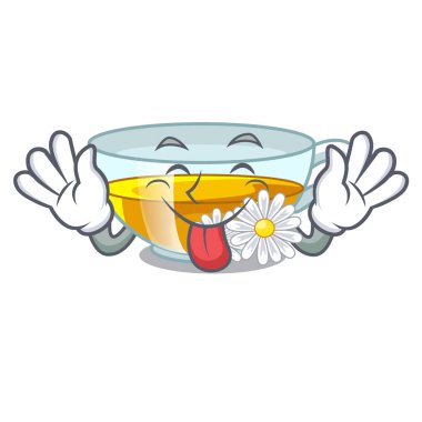 Papatya çayı izole dilini maskotu ile