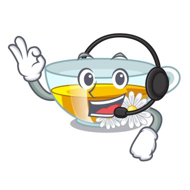 İzole kulaklık papatya çayı ile maskotu ile