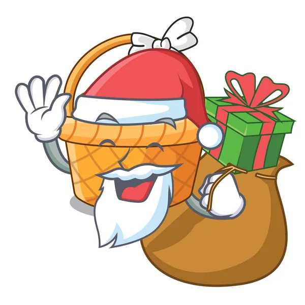 Weihnachtsmann mit Geschenkkorb über dem hölzernen Cartoon-Tisch — Stockvektor