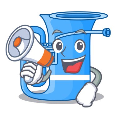 Maskot müzik odasında megafon tuba ile