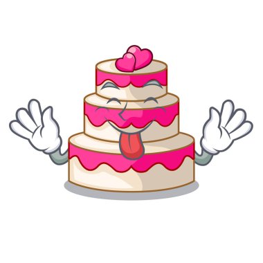 Düğün pastası maskotu ile izole dışarı dil