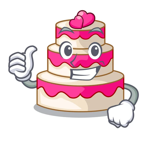 Thumbs up wedding cake above wooden cartoon table — Stock Vector
