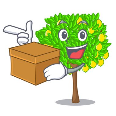 Maskot ile izole kutusu limon ağacı ile