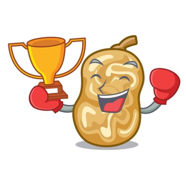 Ahşap çizgi film tablosunun üstünde boks şampiyonu kuru üzüm