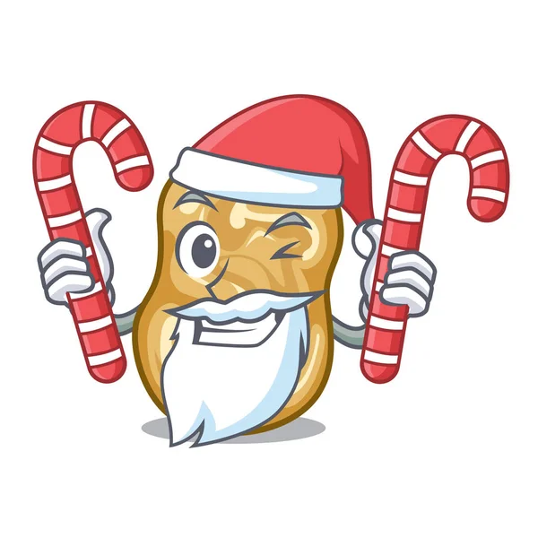 Santa con pasas de azúcar por encima de la mesa de dibujos animados de madera — Vector de stock