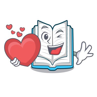 Kalp ile kitap şekil maskot açıldı.