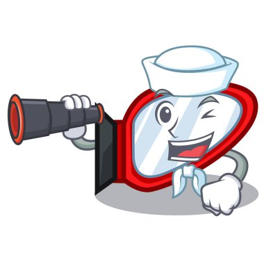 Denizci bir çizgi film kutusunda dürbün yan ayna ile