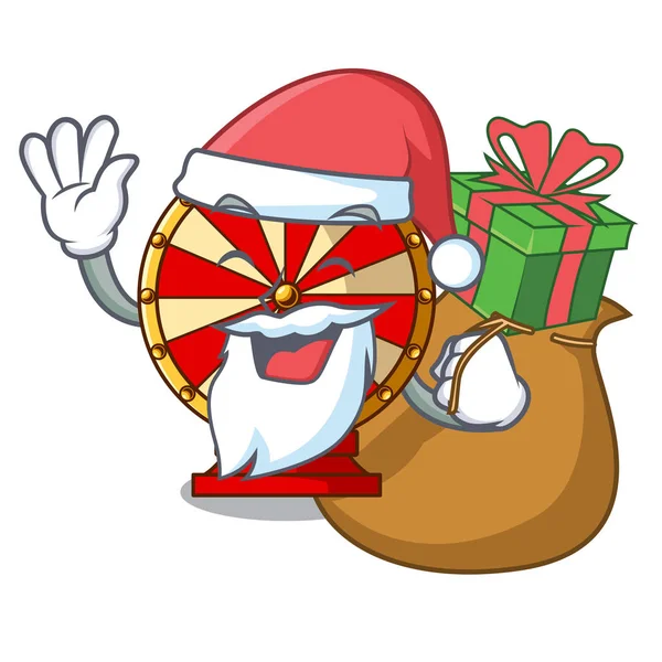 Weihnachtsmann mit Geschenk-Spinnrad befestigt die Cartoon-Wand — Stockvektor