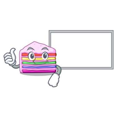 Başparmak yukarıya plastik karikatür plaka üzerinde kurulu gökkuşağı kekle